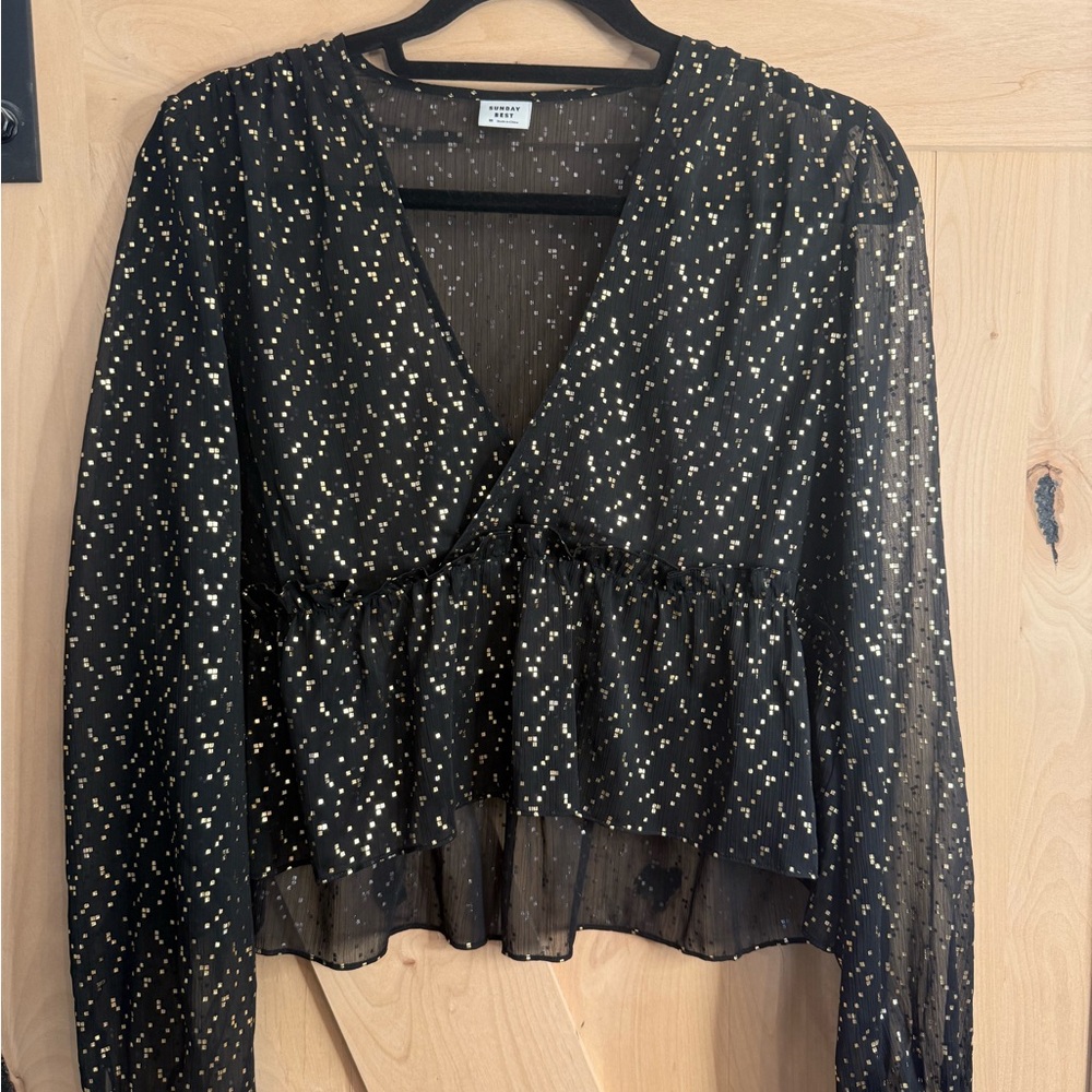 Sunday Best Jinx Blouse - Sheer Black and Gold Fleck Women's Top - Size Medium
